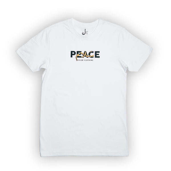 T-shirt arabe blanc avec inscription en arabe salam signifiant paix de la marque kalam clothing