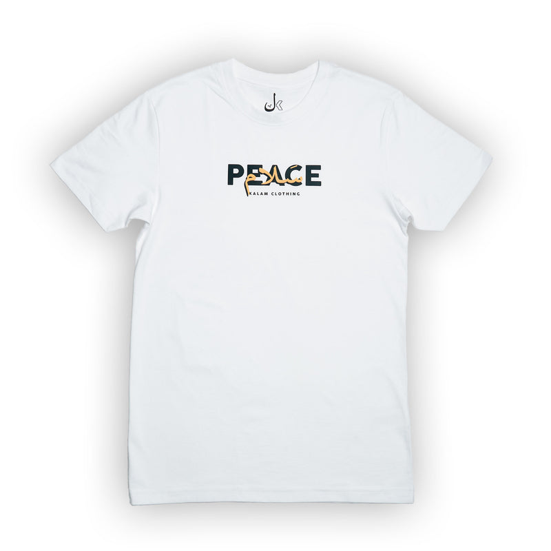 T-shirt arabe blanc avec inscription en arabe salam signifiant paix de la marque kalam clothing