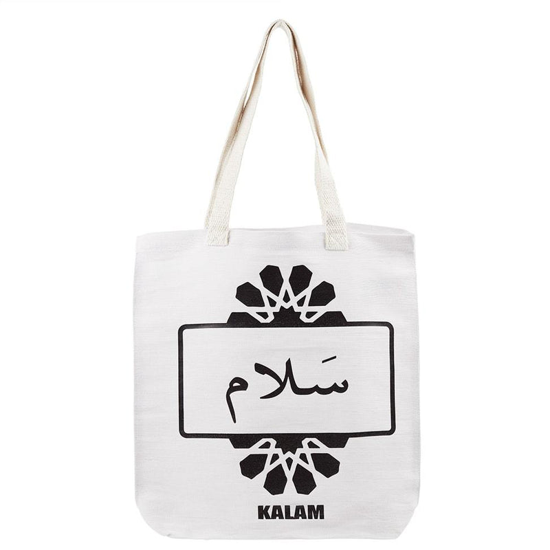 Tote-bag kalam clothing blanc avec écriture arabe salam