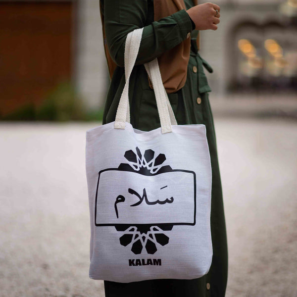 Tote-bag kalam clothing blanc avec inscription en arabe salam